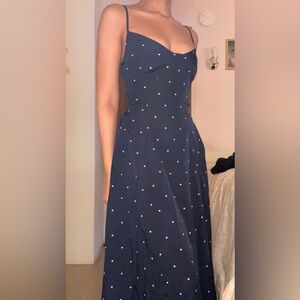 Navy Polka Dot Shirred Slip Midi Dress